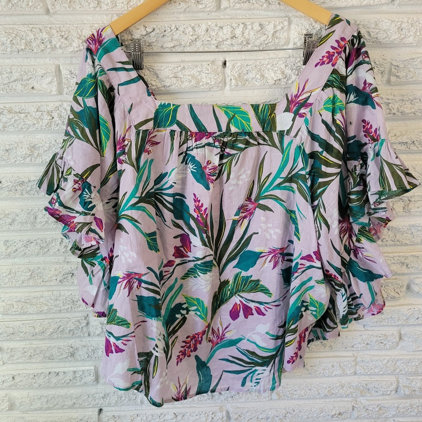 Terra Sky Womens Top 2X Plus Bell Sleeve Green Pink Floral Lightweight Cotton