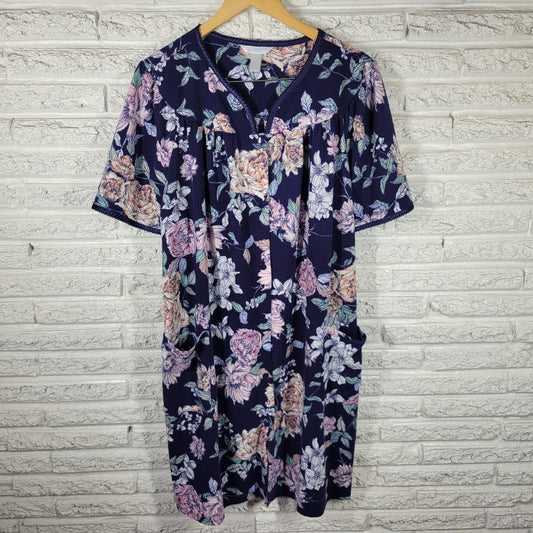 Adonna Womens XL Blue Pink Floral Snap Front Robe Short Sleeve Pockets Nightgown