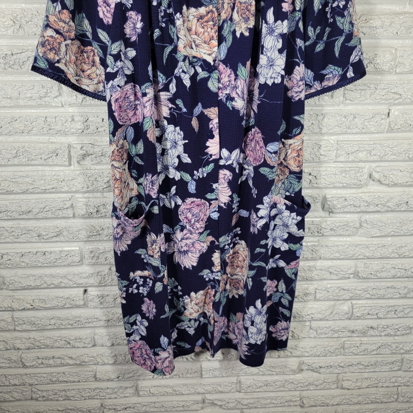 Adonna Womens XL Blue Pink Floral Snap Front Robe Short Sleeve Pockets Nightgown