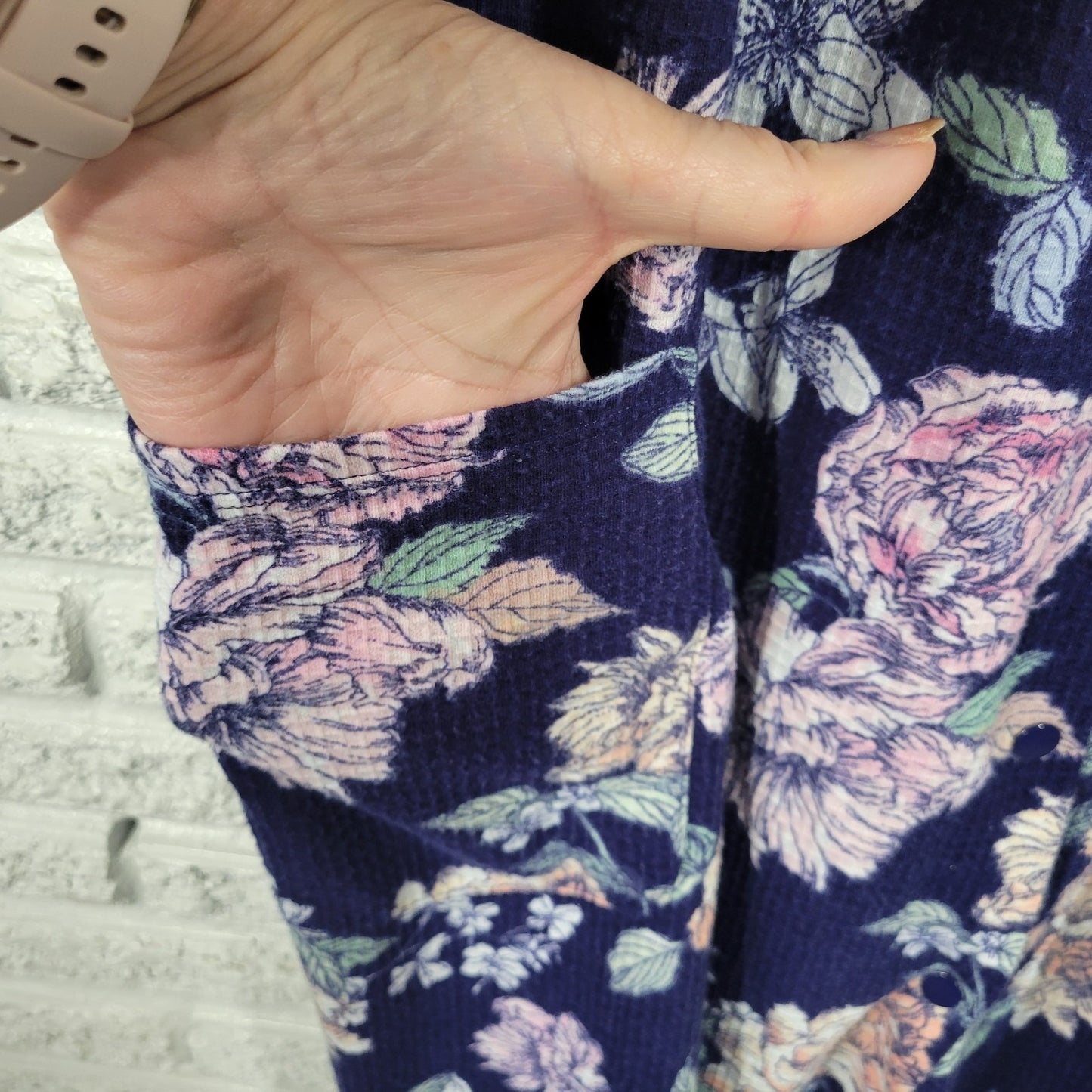 Adonna Womens XL Blue Pink Floral Snap Front Robe Short Sleeve Pockets Nightgown