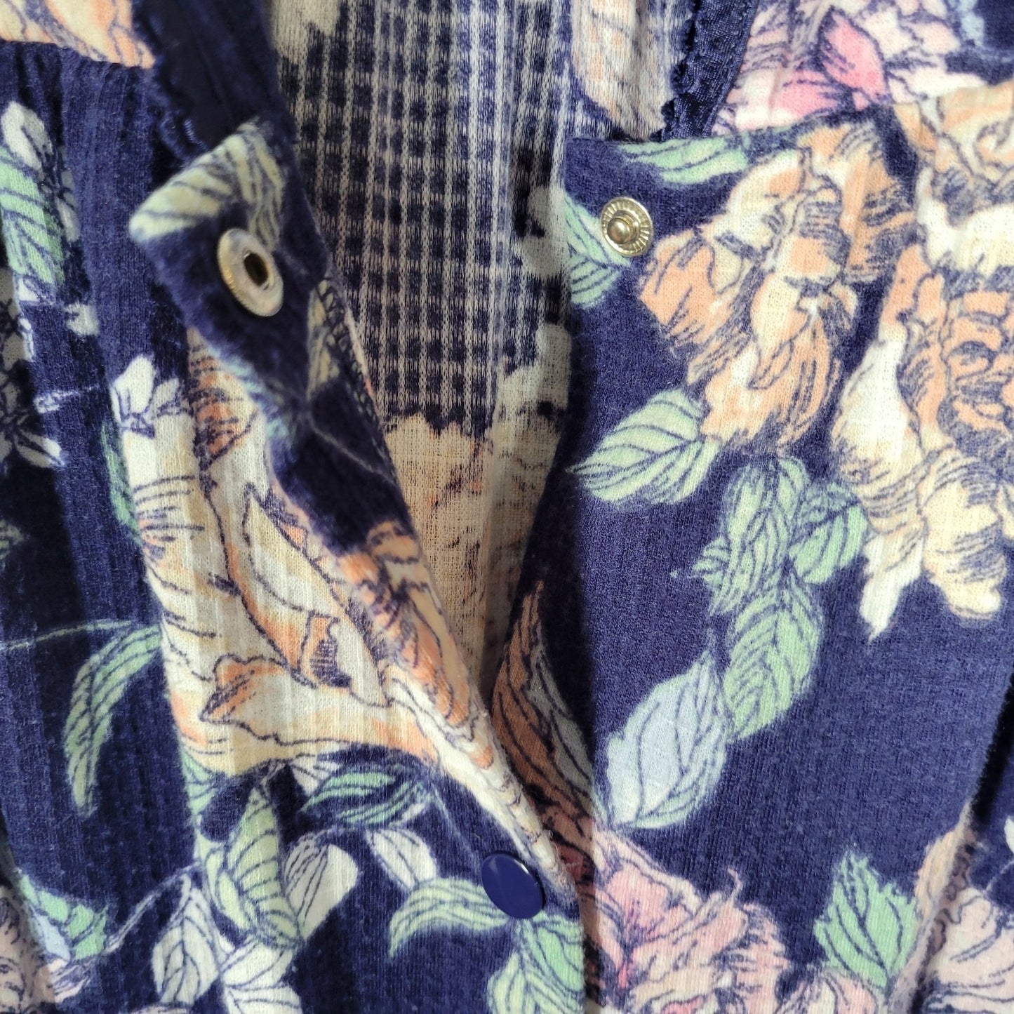 Adonna Womens XL Blue Pink Floral Snap Front Robe Short Sleeve Pockets Nightgown