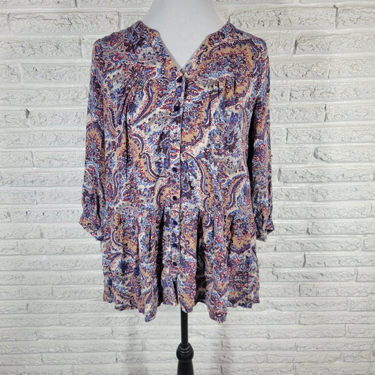 Chelsea & Theodore Womens Button-Up Top 1X Plus 3/4 Sleeve Rayon Paisley Print