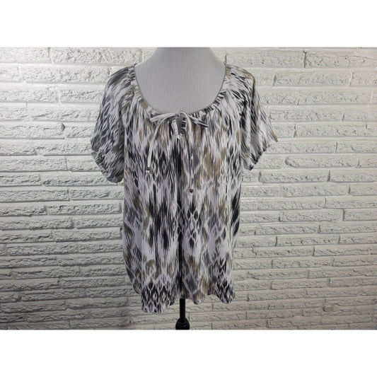 Basic Editions Womens Top 2X Plus Short Sleeve Black Watercolor Cotton Blend