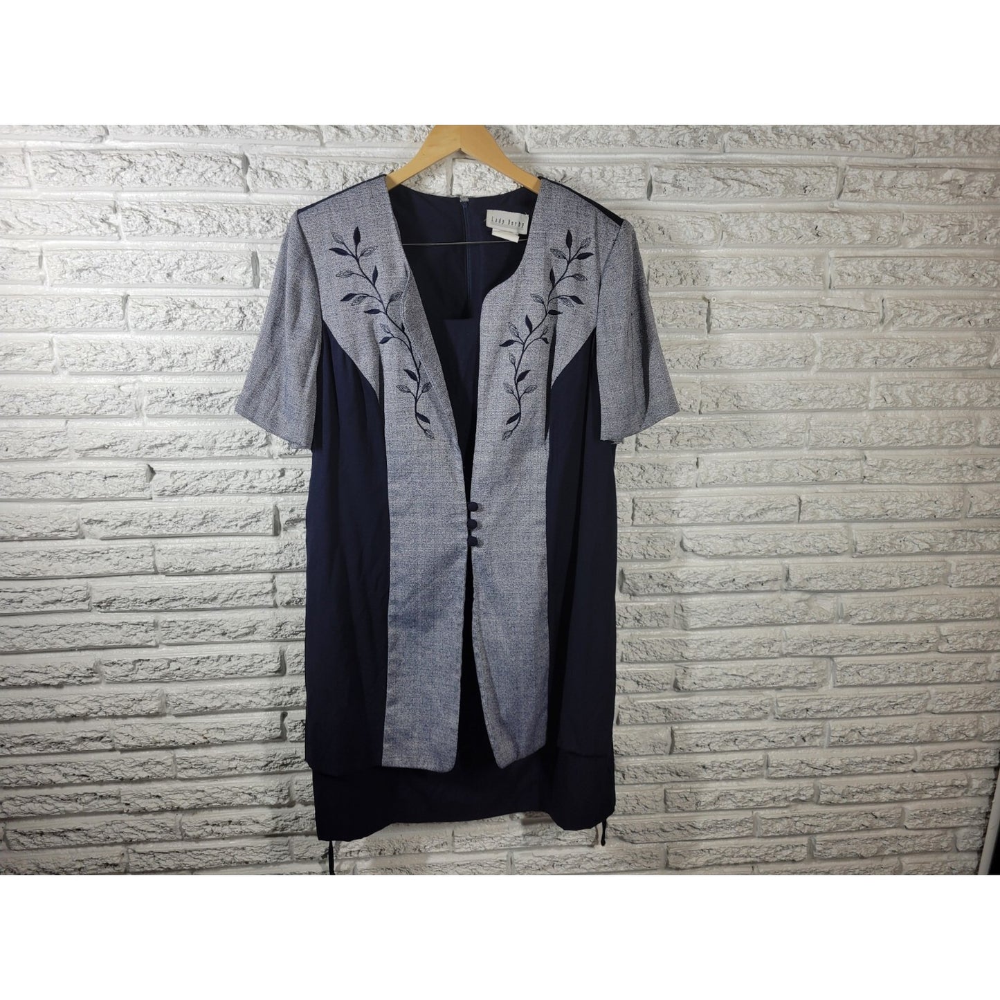 Vintage Lady Dorby Womens Dress 20W Plus Jacket Short Sleeve Blue Embroidered