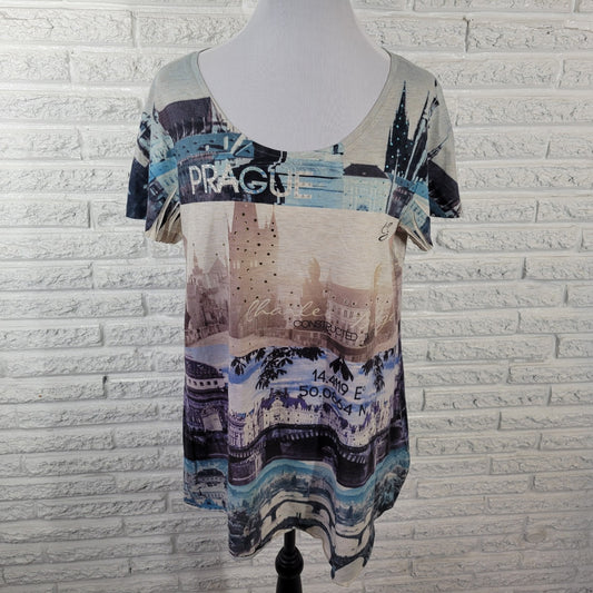 Style Co Women's XL T-Shirt Tee Prague Cityscape Blue Brown Rhinestone D7E