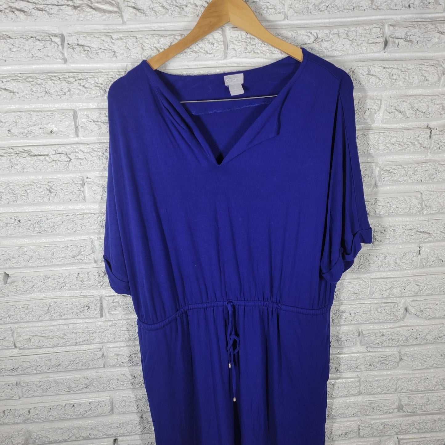 Chicos Womens Dress 3 Standard XL Short Sleeve Blue Drawstring Pockets Comfy