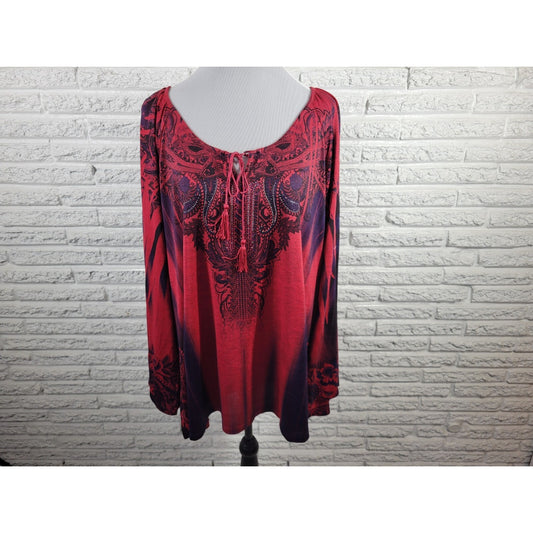 Energe Womens Top 3X Tunic Long Sleeve Red Paisley Poly Blend Tassels Keyhole