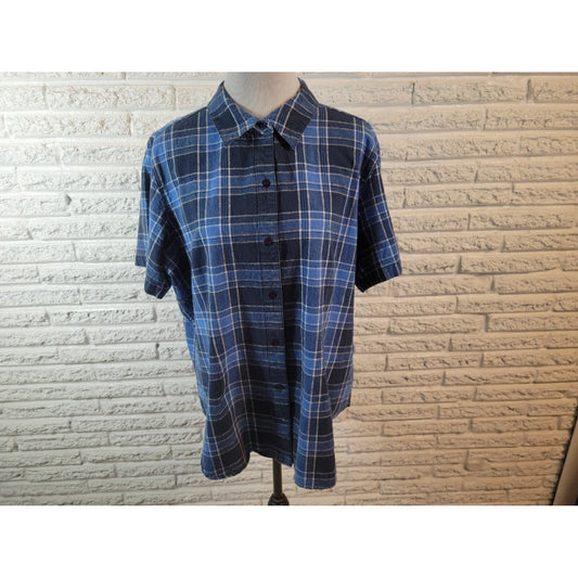 Cherokee Women Shirt 18W 20W Plus Short Sleeve Button Up Cotton Linen Blue Plaid