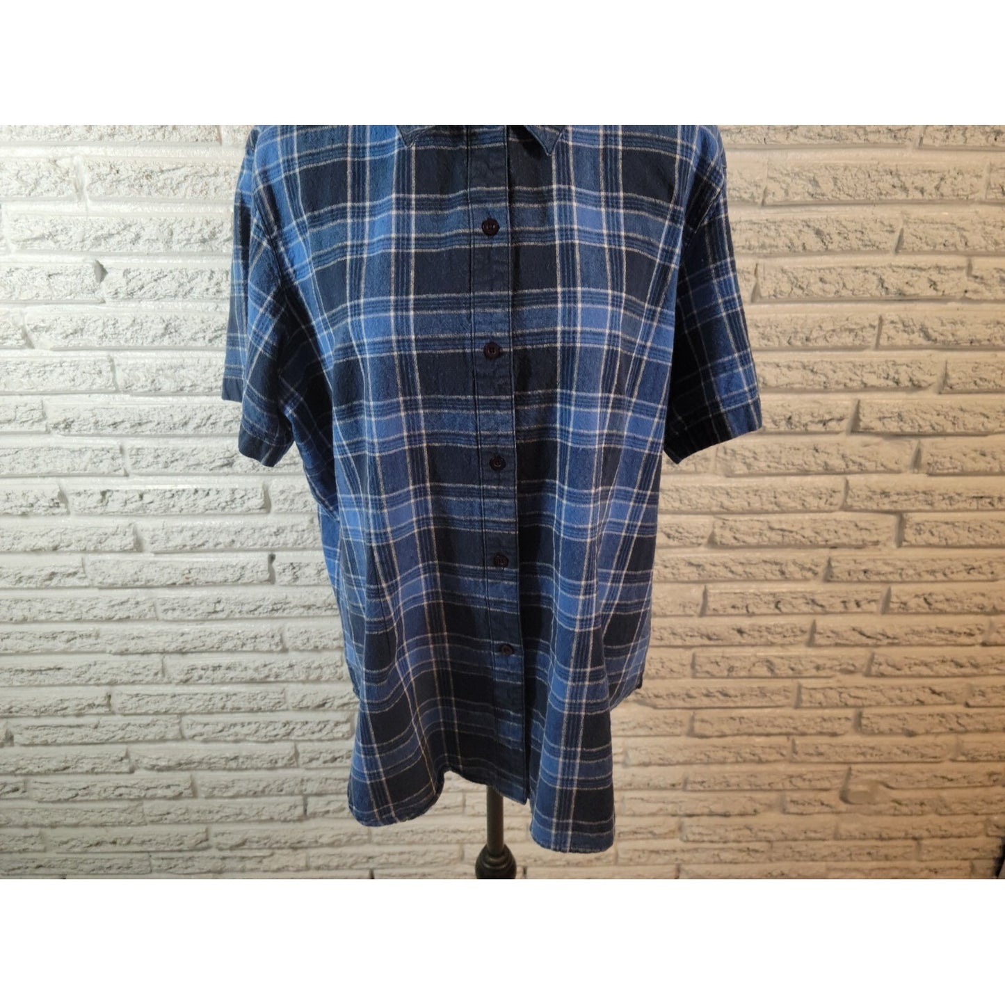 Cherokee Women Shirt 18W 20W Plus Short Sleeve Button Up Cotton Linen Blue Plaid
