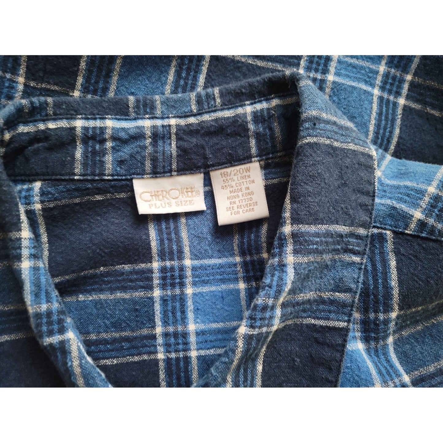 Cherokee Women Shirt 18W 20W Plus Short Sleeve Button Up Cotton Linen Blue Plaid