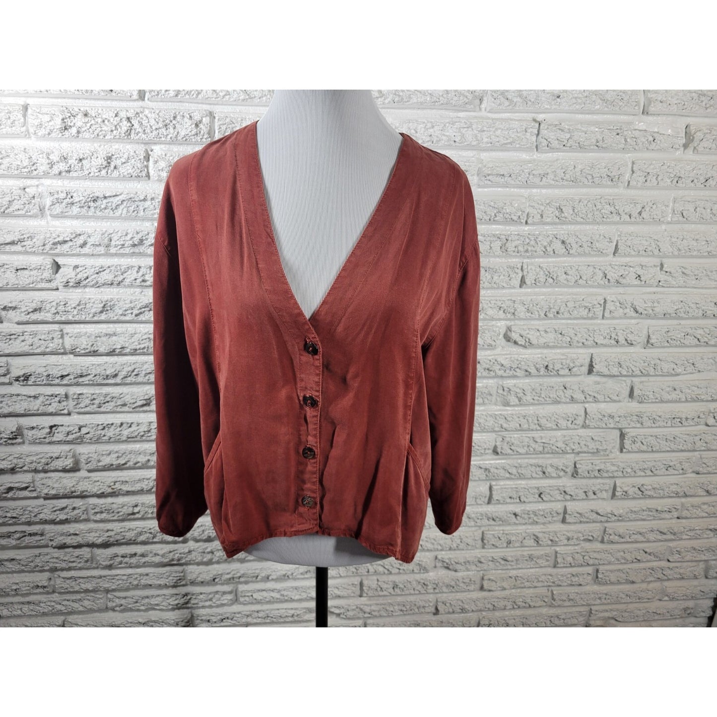 Click Color Me Cotton Womens Top XXL Plus High Low Brown Button Lightweight