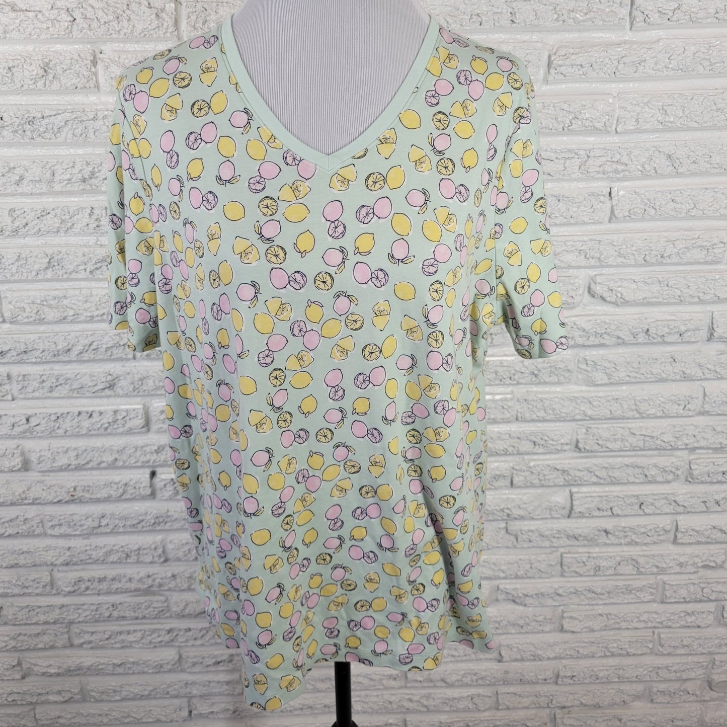 Kim Rogers Womens Top Extra Large Tee Short Sleeve Green Lemons All Over Cotton