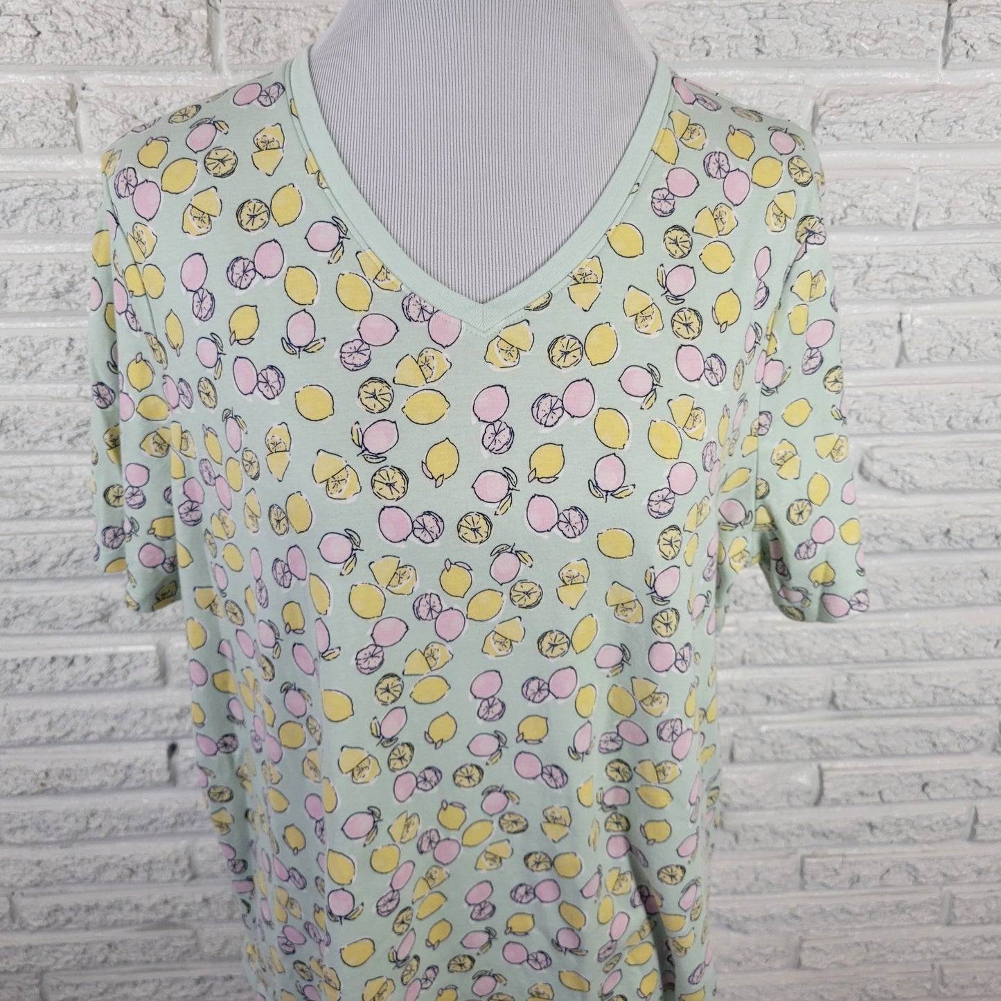Kim Rogers Womens Top Extra Large Tee Short Sleeve Green Lemons All Over Cotton