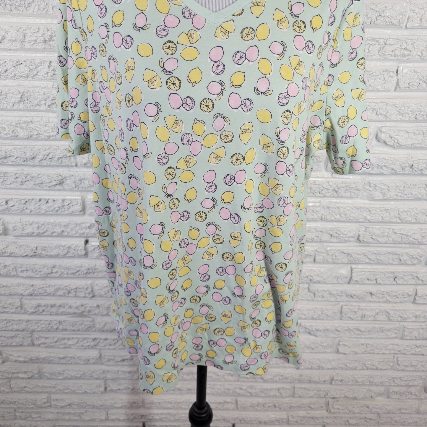 Kim Rogers Womens Top Extra Large Tee Short Sleeve Green Lemons All Over Cotton