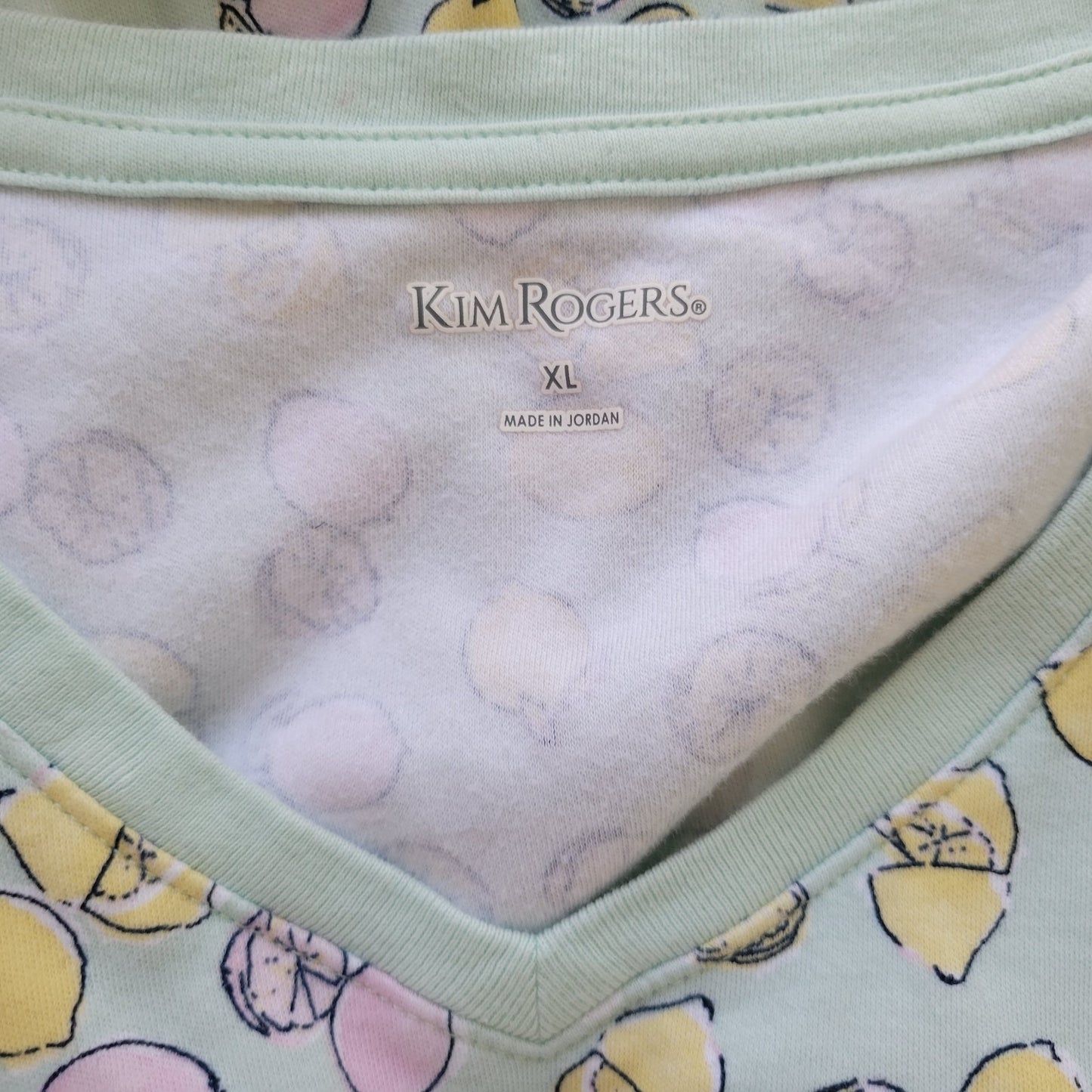 Kim Rogers Womens Top Extra Large Tee Short Sleeve Green Lemons All Over Cotton