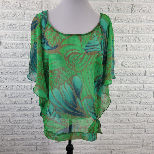 Ashley Stewart Women Top 18 20 Plus Kimono Sleeve Green Floral Sheer Lightweight