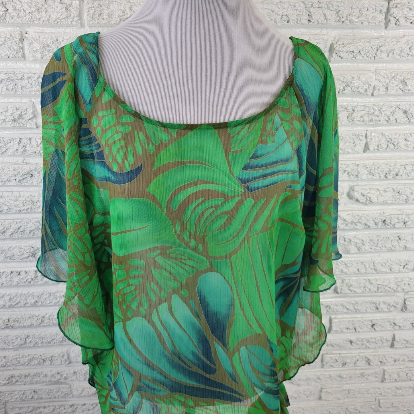 Ashley Stewart Women Top 18 20 Plus Kimono Sleeve Green Floral Sheer Lightweight