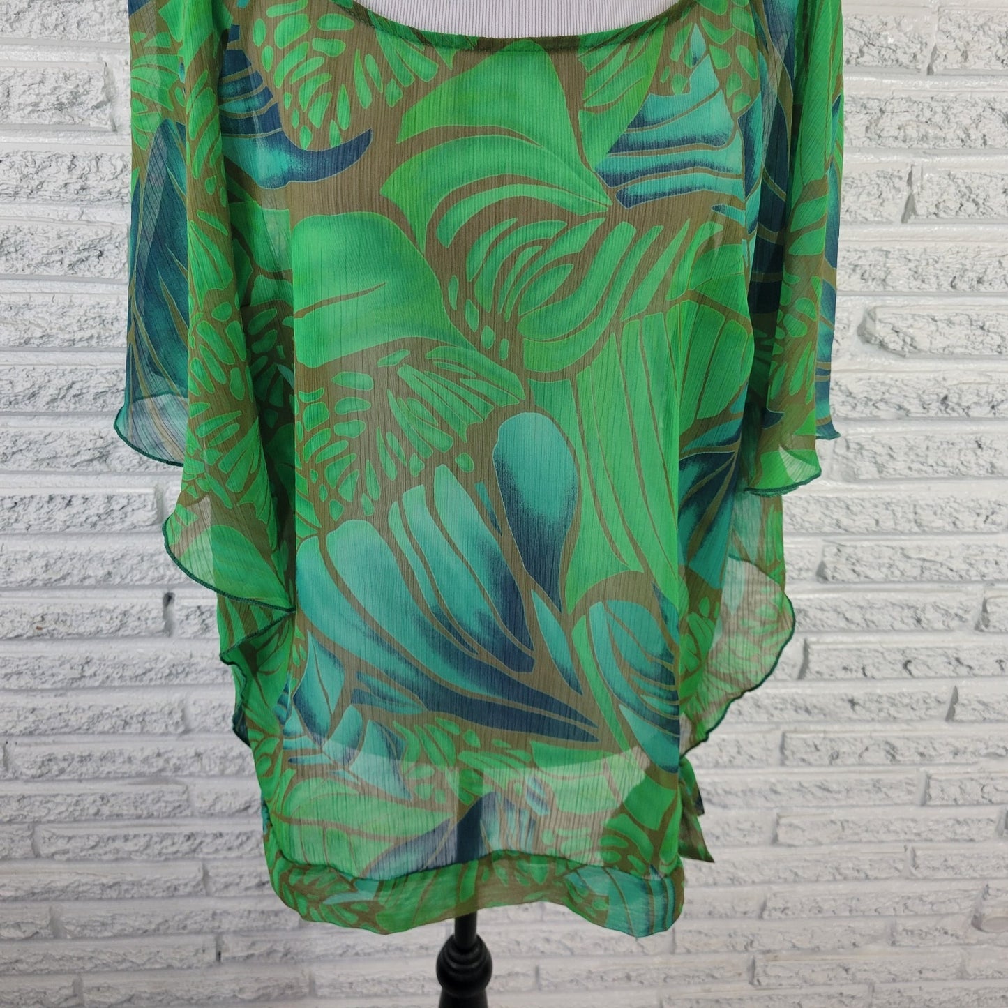 Ashley Stewart Women Top 18 20 Plus Kimono Sleeve Green Floral Sheer Lightweight
