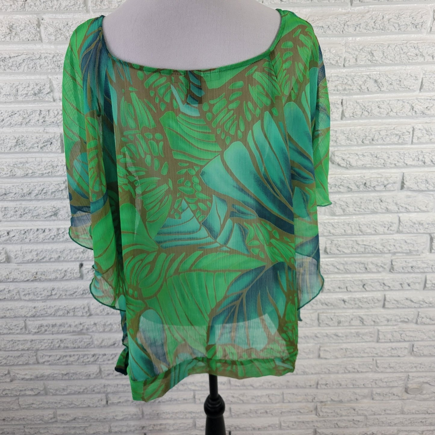Ashley Stewart Women Top 18 20 Plus Kimono Sleeve Green Floral Sheer Lightweight