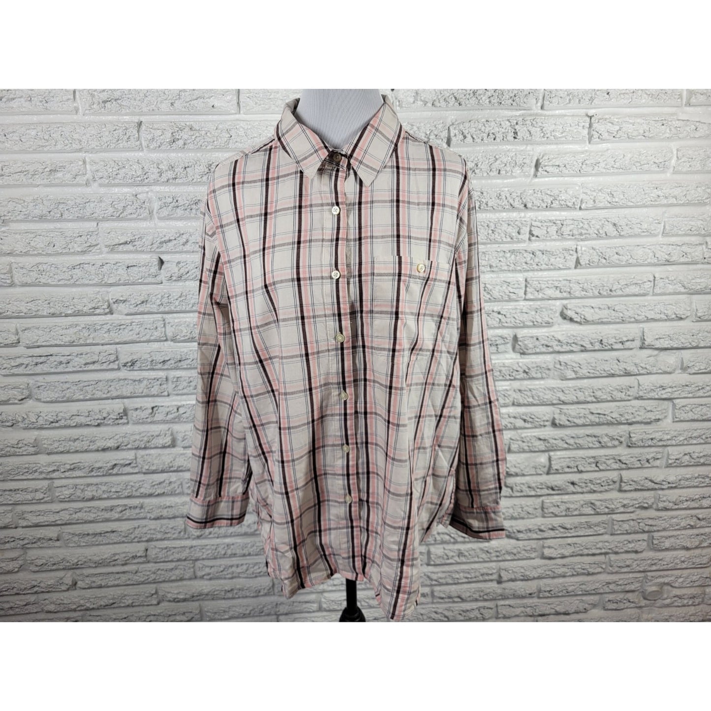 Lee Women Top 1X Plus Sleeve Brown Pink Plaid Cotton Pocket Collar Button