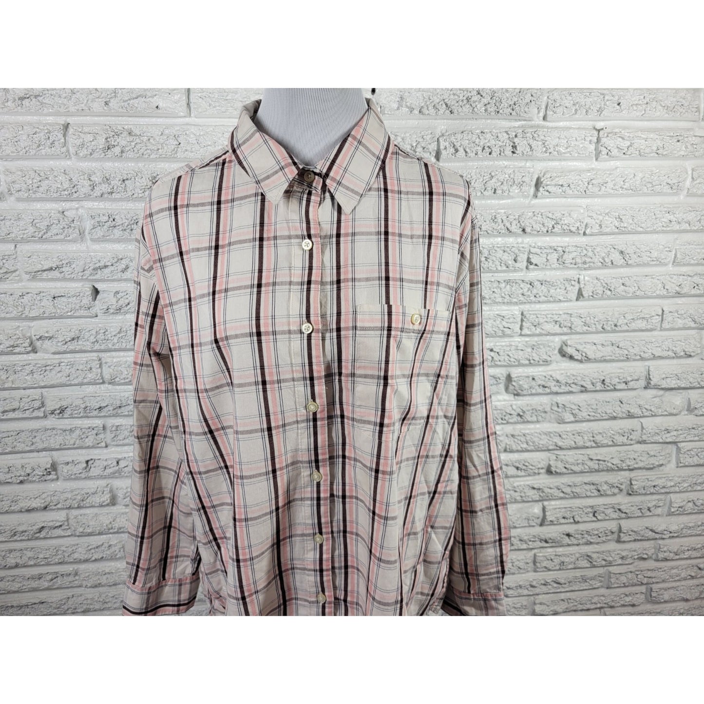 Lee Women Top 1X Plus Sleeve Brown Pink Plaid Cotton Pocket Collar Button