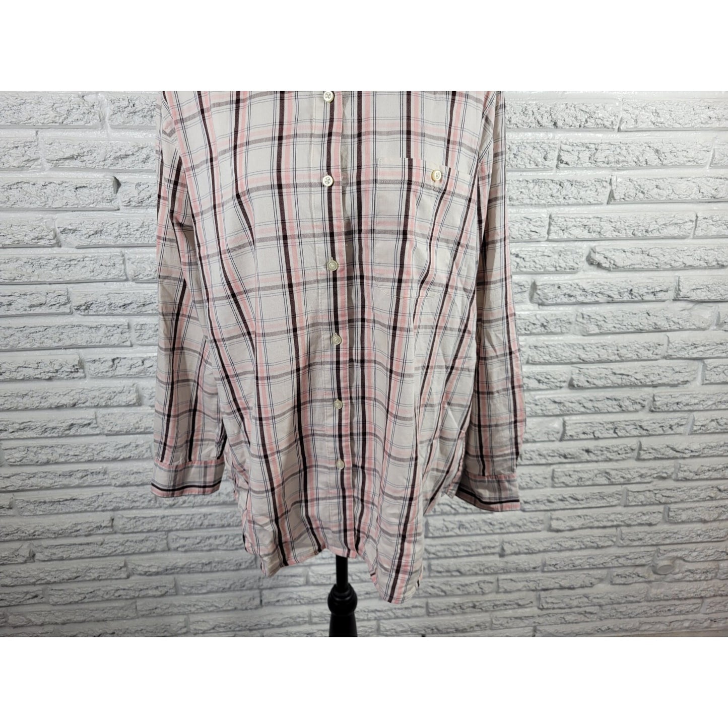 Lee Women Top 1X Plus Sleeve Brown Pink Plaid Cotton Pocket Collar Button