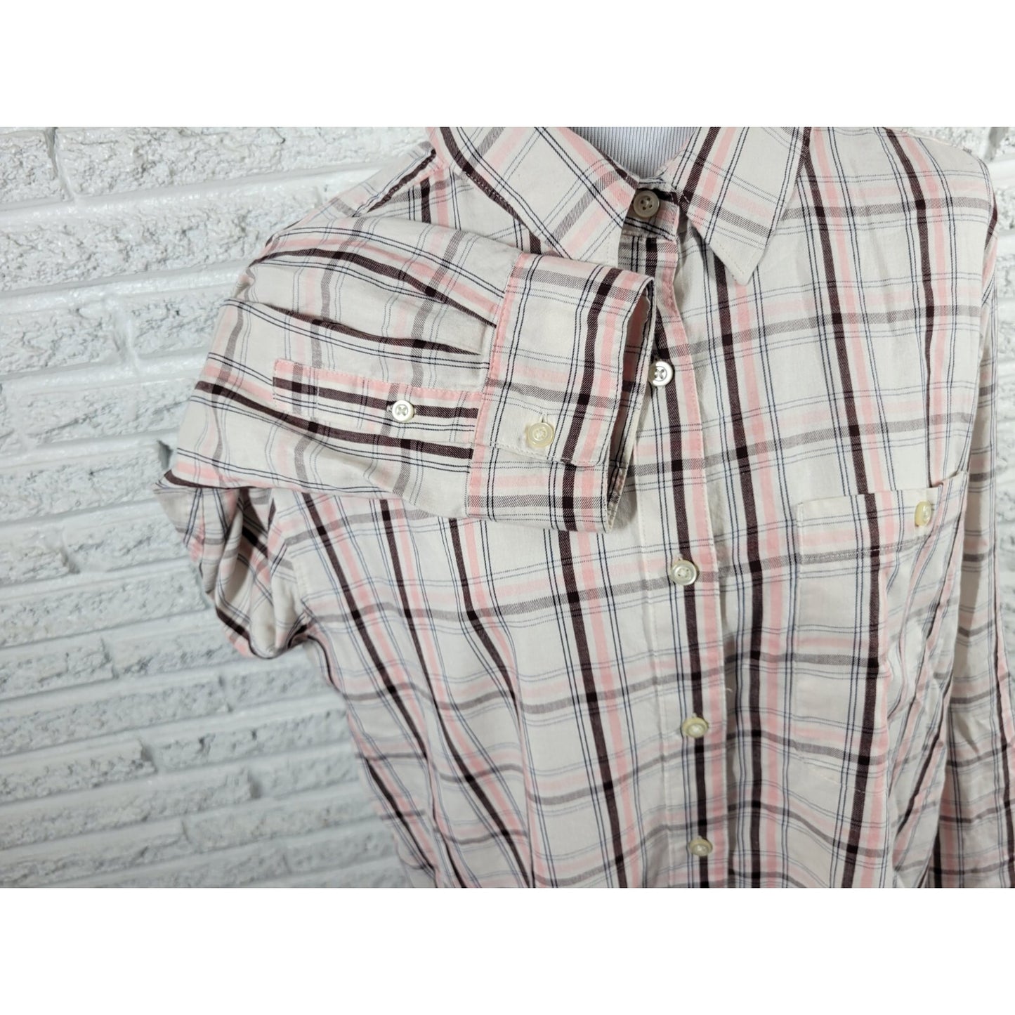 Lee Women Top 1X Plus Sleeve Brown Pink Plaid Cotton Pocket Collar Button