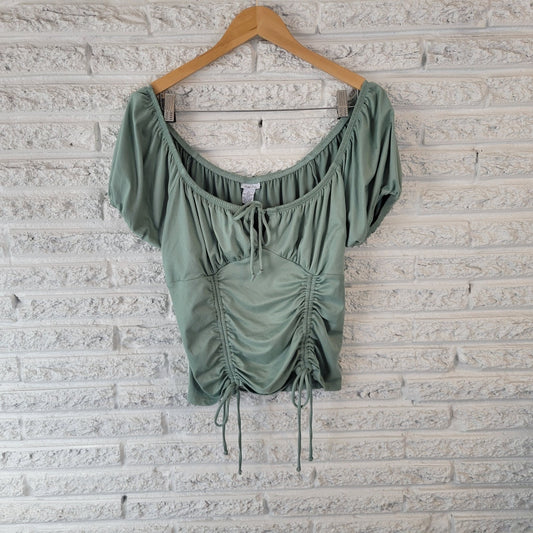 Rue 21 Womens Top XL Crop Green Puff Sleeve On Off Shoulder Ruched Keyhole