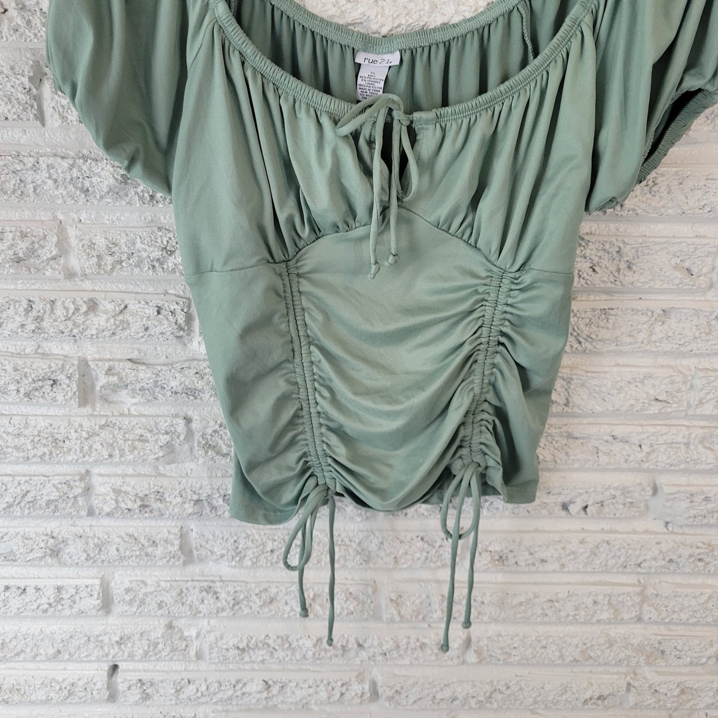 Rue 21 Womens Top XL Crop Green Puff Sleeve On Off Shoulder Ruched Keyhole