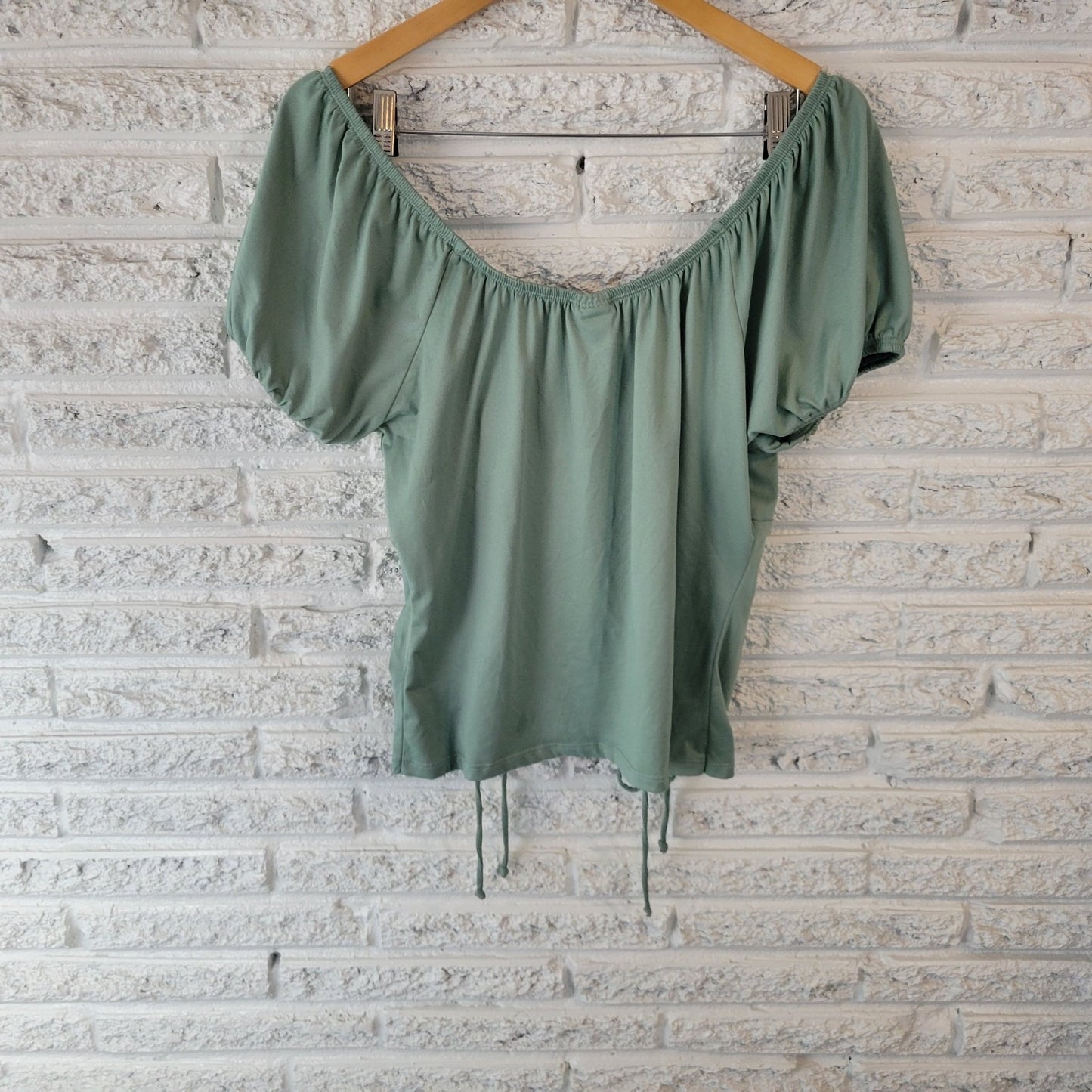 Rue 21 Womens Top XL Crop Green Puff Sleeve On Off Shoulder Ruched Keyhole