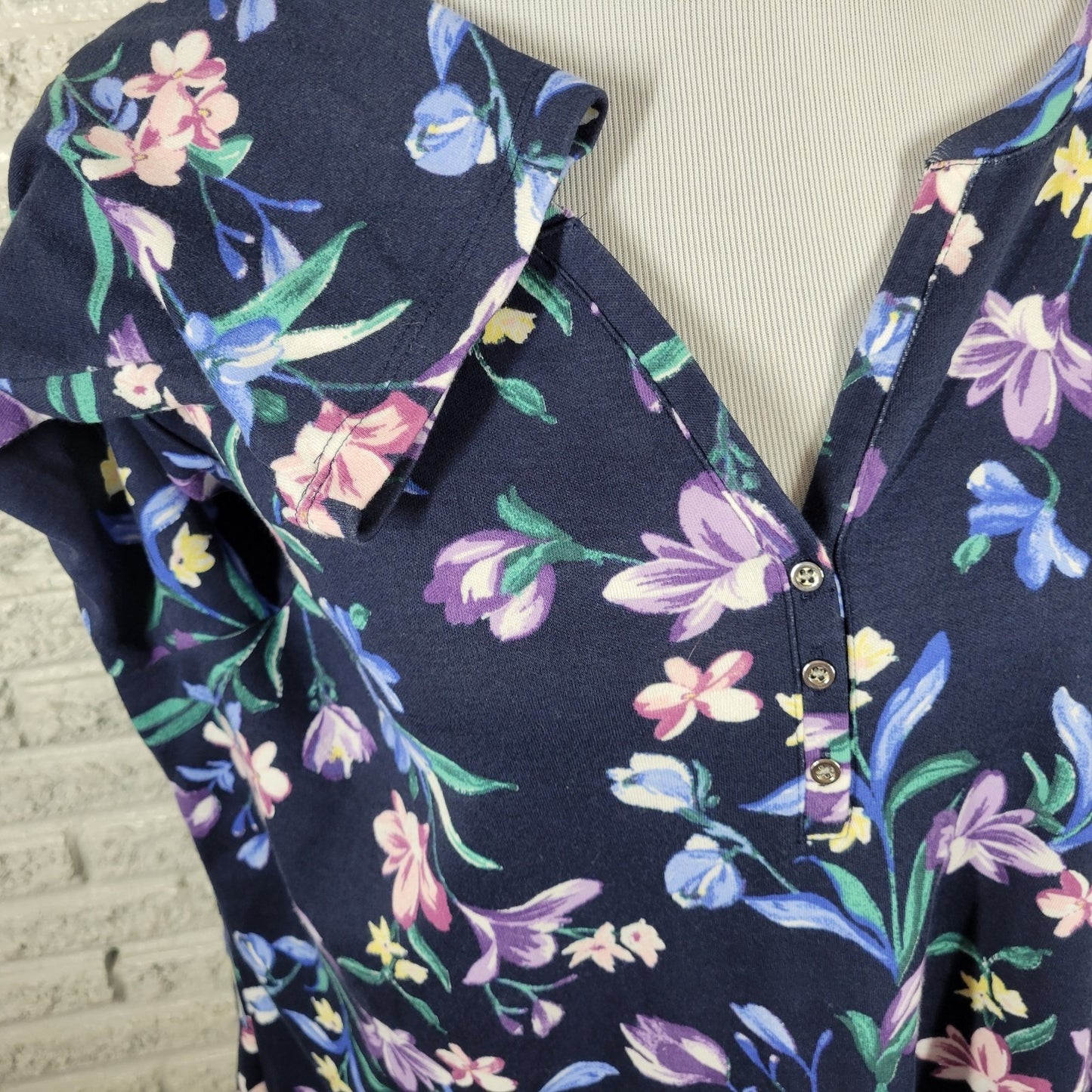 Karen Scott Women Top 2X Plus 3/4 Sleeve Blue Floral Quarter Button Comfy Casual