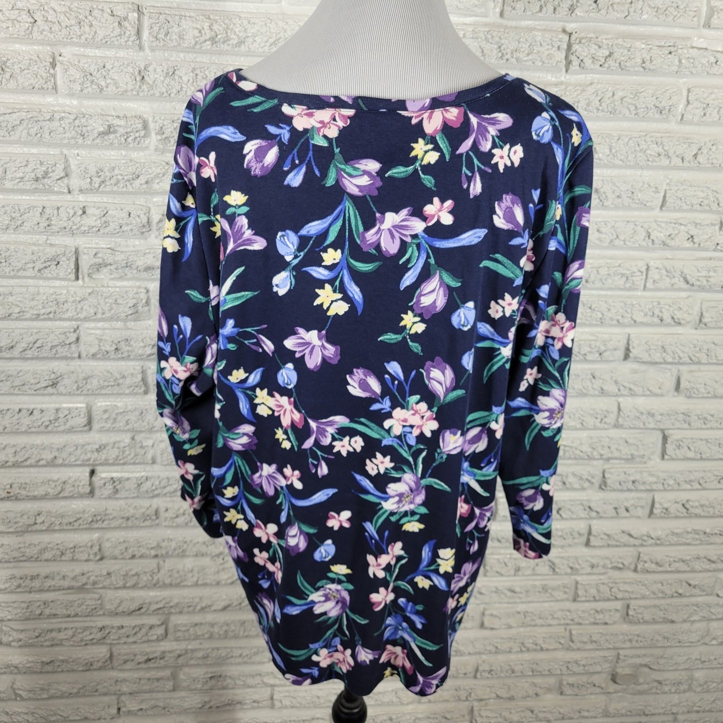 Karen Scott Women Top 2X Plus 3/4 Sleeve Blue Floral Quarter Button Comfy Casual
