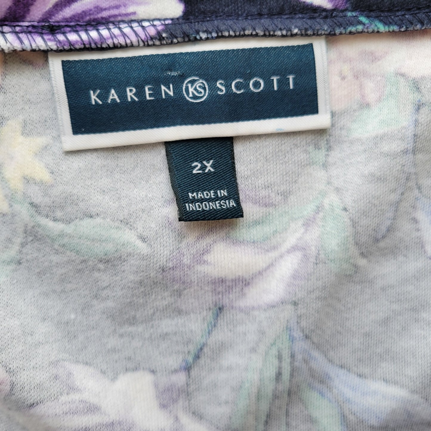 Karen Scott Women Top 2X Plus 3/4 Sleeve Blue Floral Quarter Button Comfy Casual