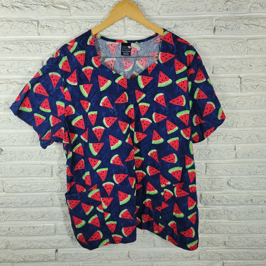 Zoe Chloe Unisex Scrub Top 2XL Plus Blue Pink Watermelons Cotton Medical Vet