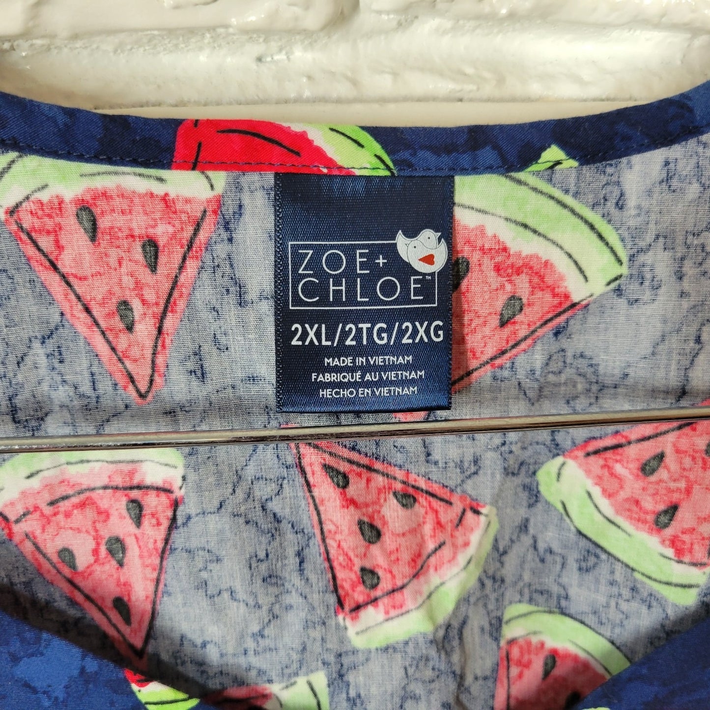 Zoe Chloe Unisex Scrub Top 2XL Plus Blue Pink Watermelons Cotton Medical Vet