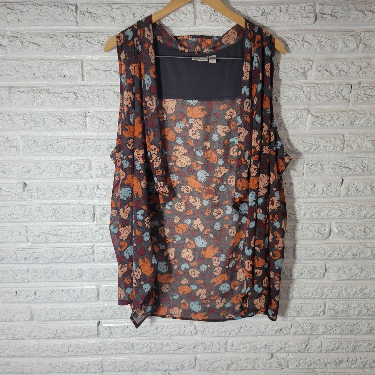 LOGO Lori Goldstein QVC Womens Top 1X Plus Overlay Orange Gray Sheer Watercolor