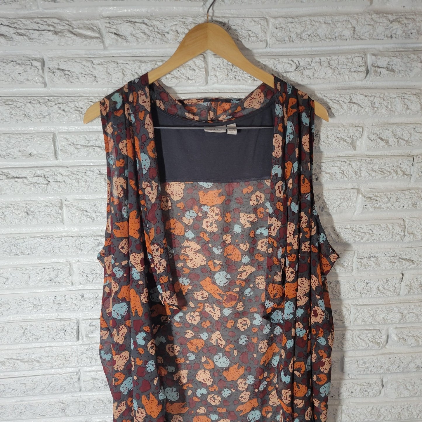 LOGO Lori Goldstein QVC Womens Top 1X Plus Overlay Orange Gray Sheer Watercolor