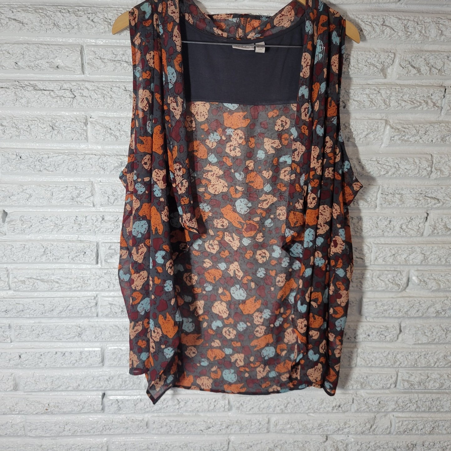 LOGO Lori Goldstein QVC Womens Top 1X Plus Overlay Orange Gray Sheer Watercolor