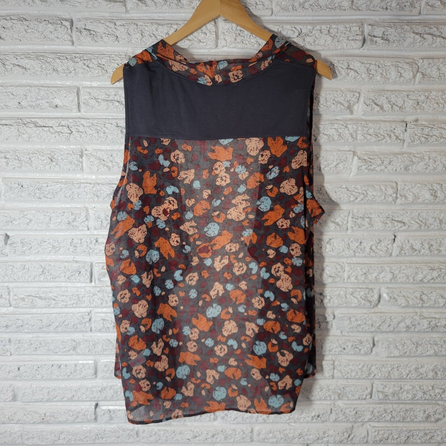 LOGO Lori Goldstein QVC Womens Top 1X Plus Overlay Orange Gray Sheer Watercolor