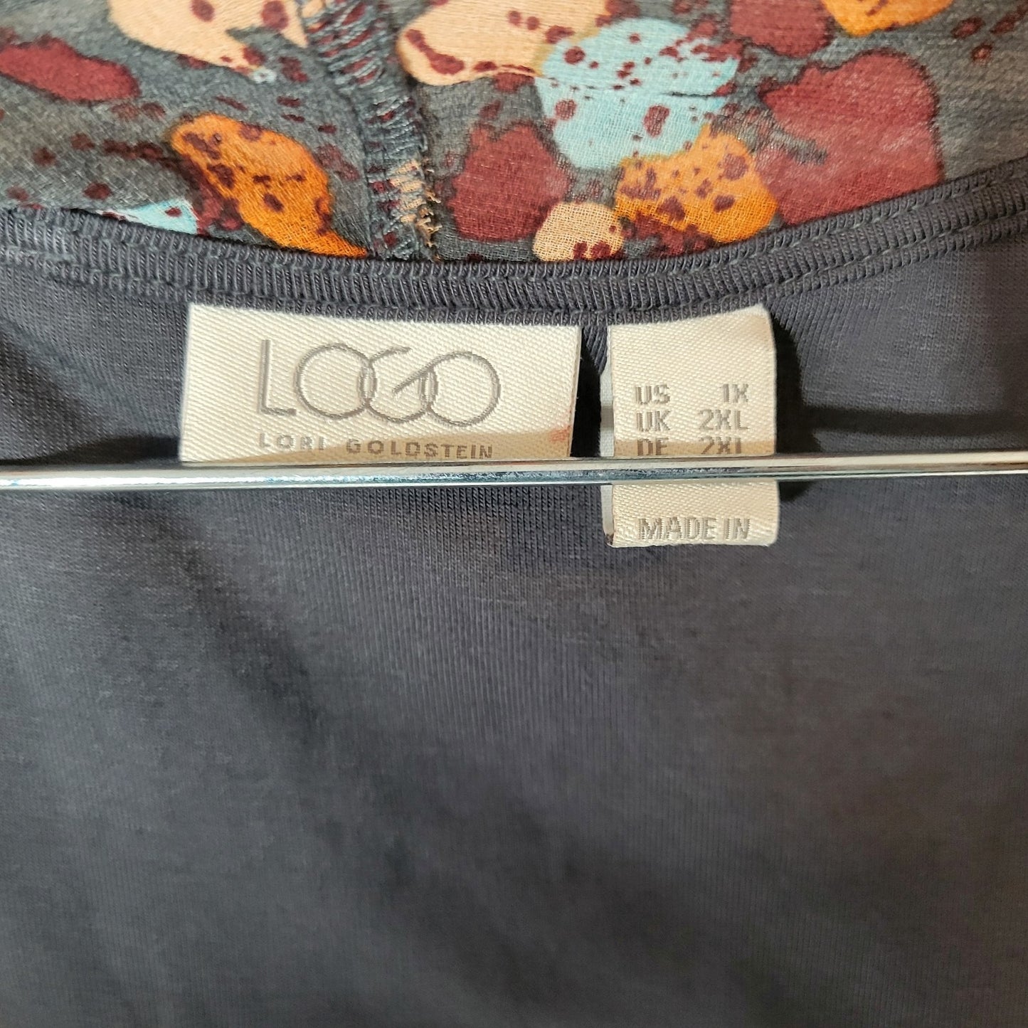 LOGO Lori Goldstein QVC Womens Top 1X Plus Overlay Orange Gray Sheer Watercolor