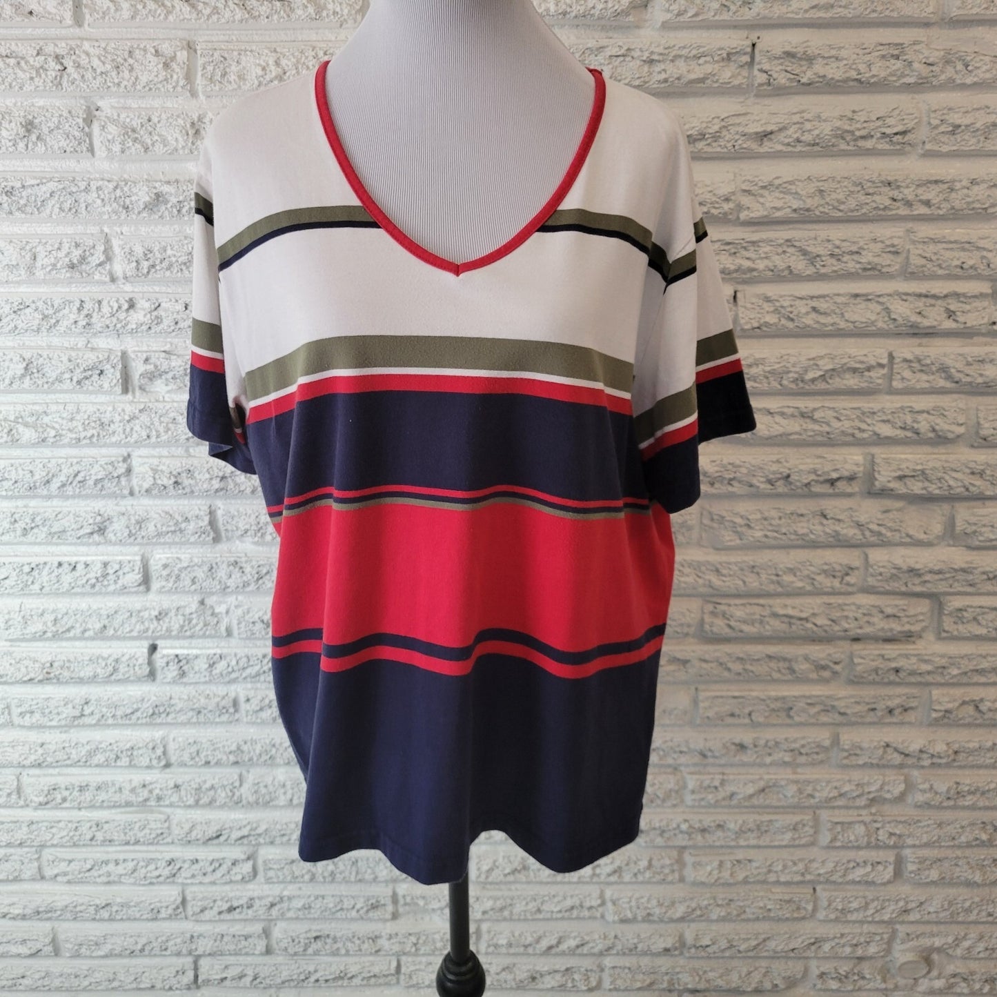 Patriotic Dress Barn Womens Top 22 24 Plus Tee Blue Red Stripe Short Sleeve