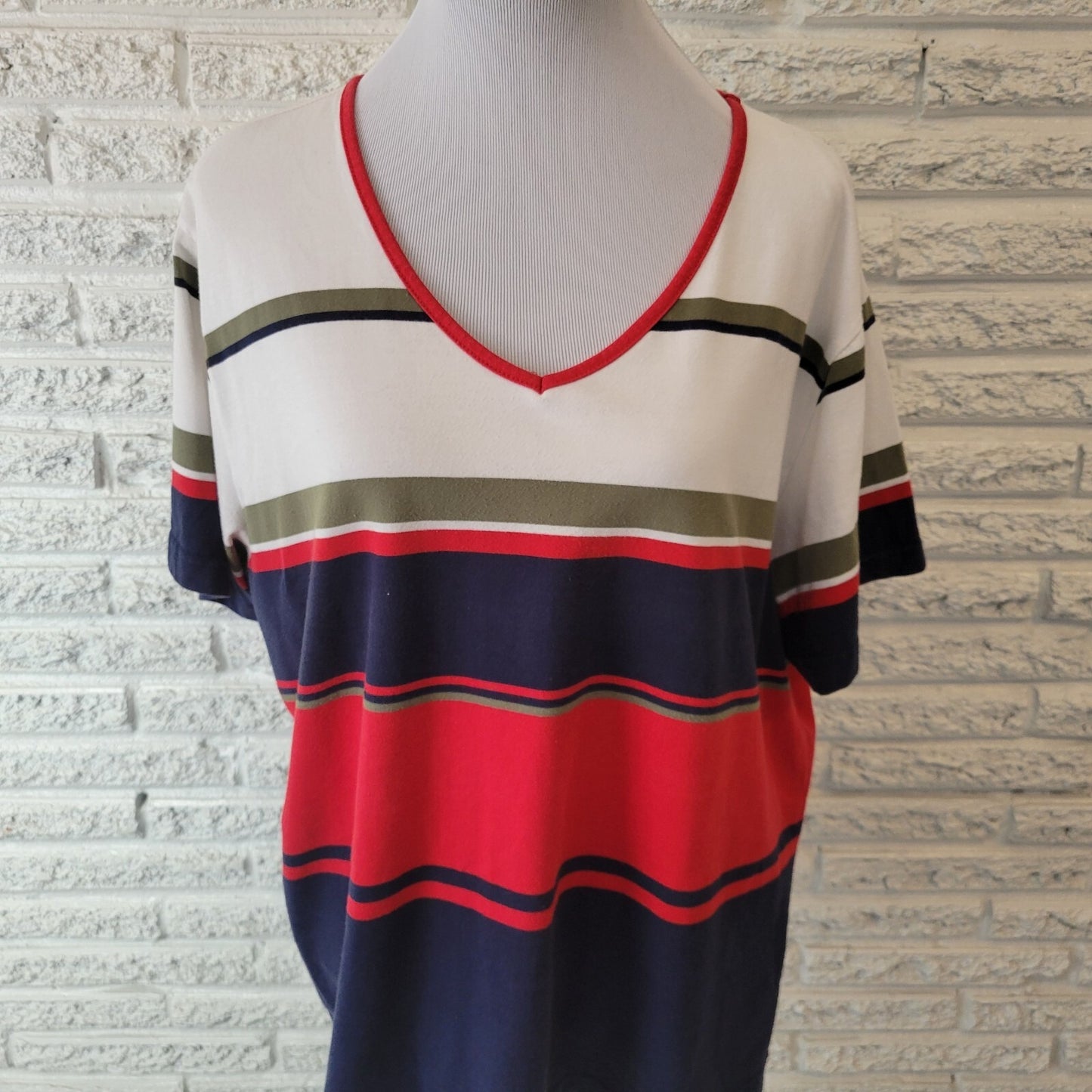 Patriotic Dress Barn Womens Top 22 24 Plus Tee Blue Red Stripe Short Sleeve