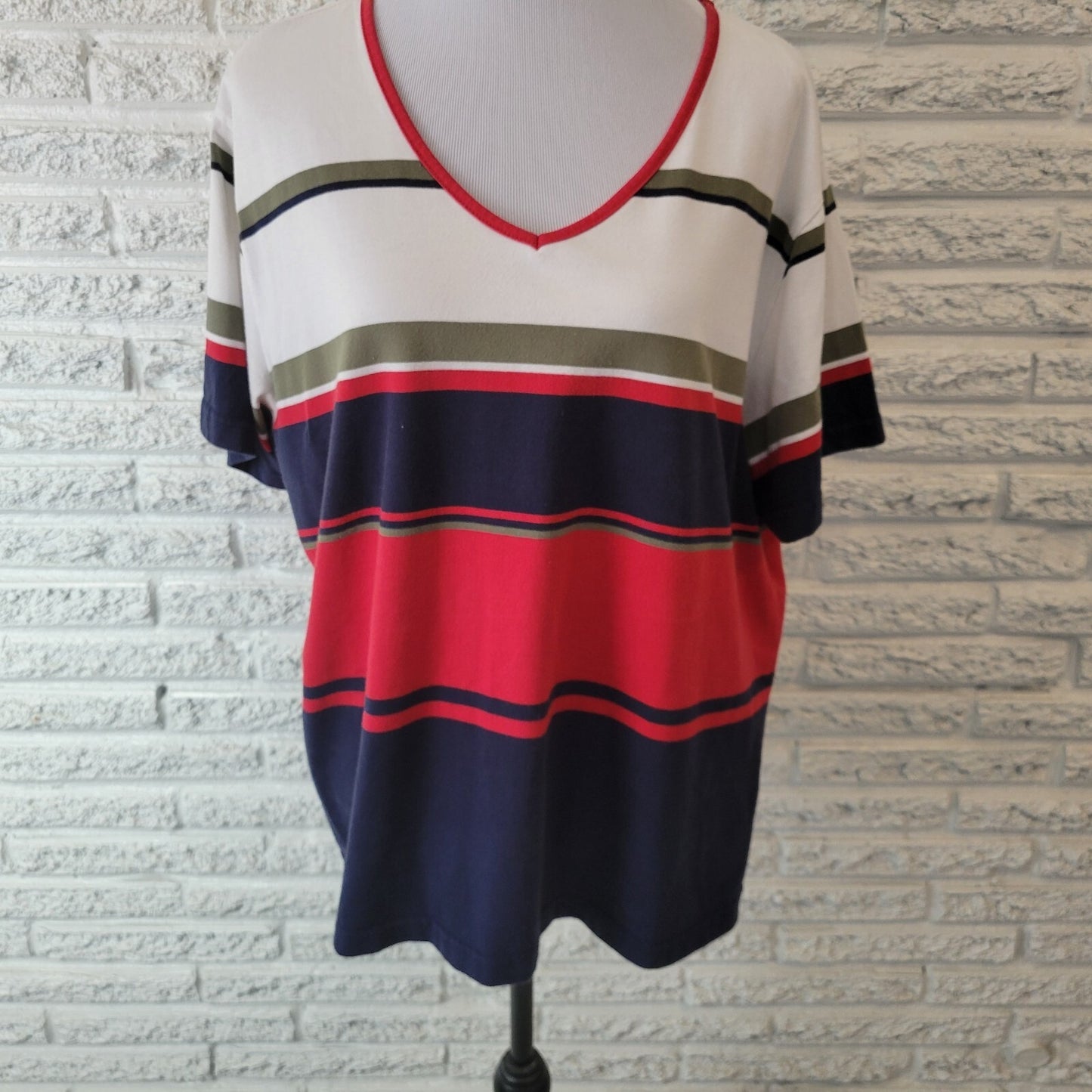 Patriotic Dress Barn Womens Top 22 24 Plus Tee Blue Red Stripe Short Sleeve