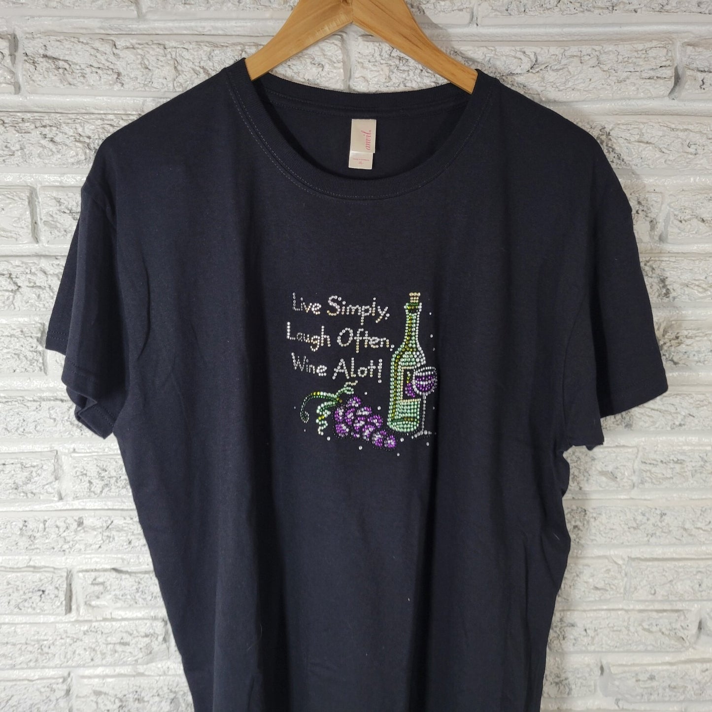 Live Simply Laugh Often Wine A Lot Womens Top XL Tee Black Studded Funny Cotton