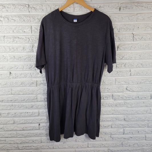 Old Navy Dress XL Gray Mini Pullover Crew Neck Slit Elastic Waist 100% Cotton