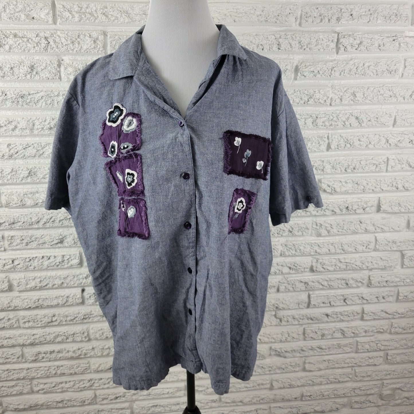 Bobbie Brooks Women Shirt 26W 28W Plus Short Sleeve Blue Patchwork Chambray