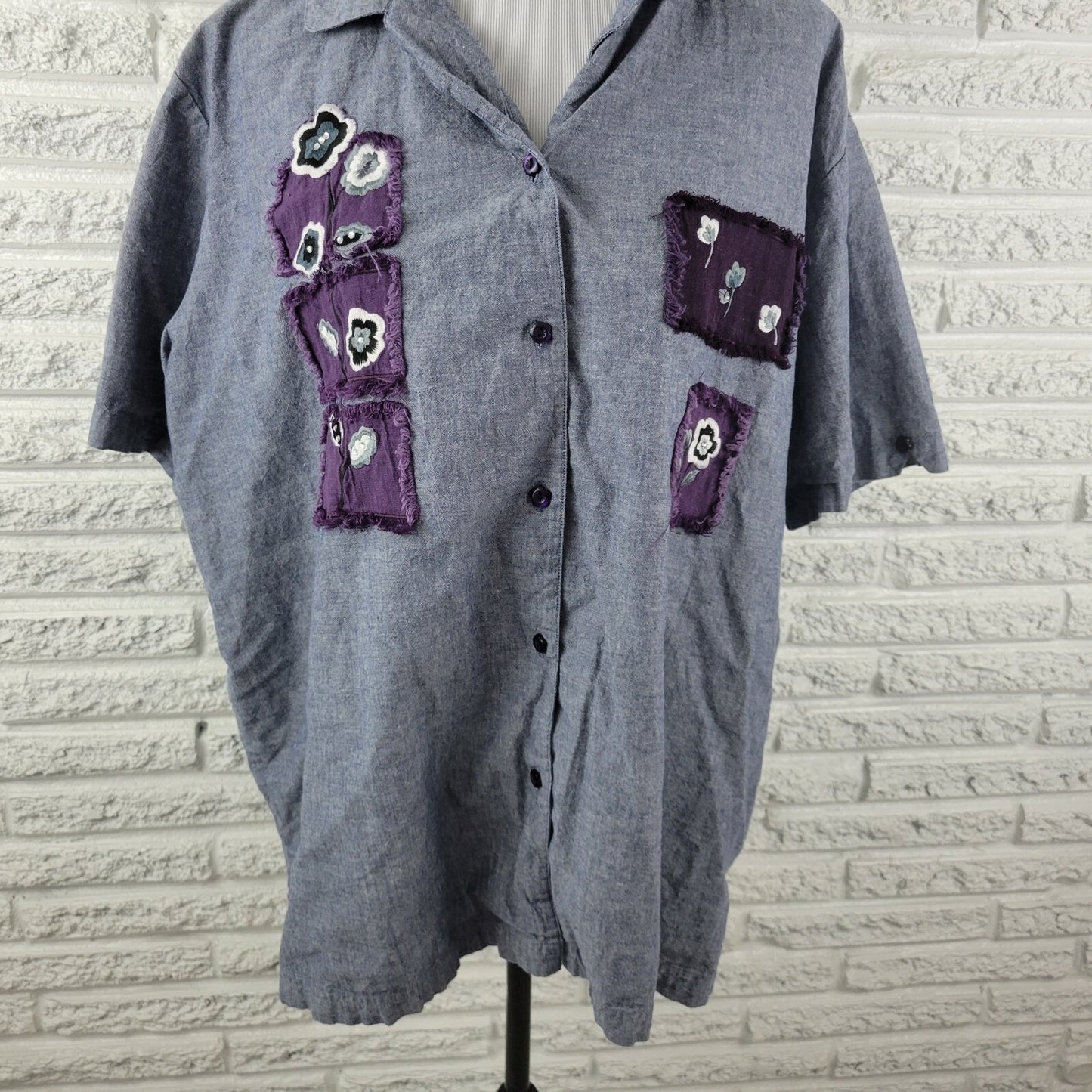 Bobbie Brooks Women Shirt 26W 28W Plus Short Sleeve Blue Patchwork Chambray