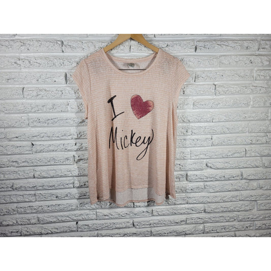 Disney I Love Mickey Women Top Extra Large XL Tee Knit Cap Sleeve Stripe Sheer