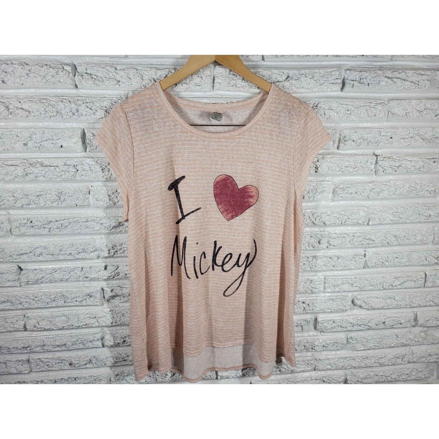 Disney I Love Mickey Women Top Extra Large XL Tee Knit Cap Sleeve Stripe Sheer