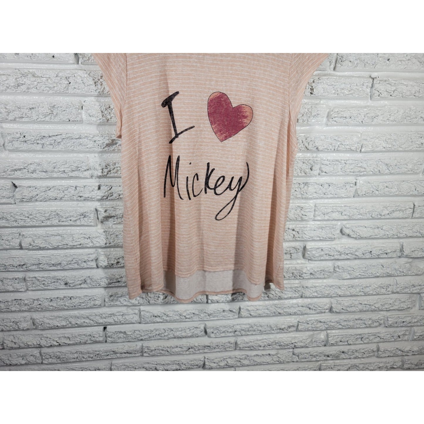 Disney I Love Mickey Women Top Extra Large XL Tee Knit Cap Sleeve Stripe Sheer